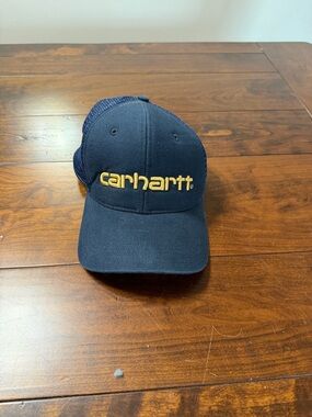 Carhartt Blue Mesh Trucker Hat with Yellow Logo Patch